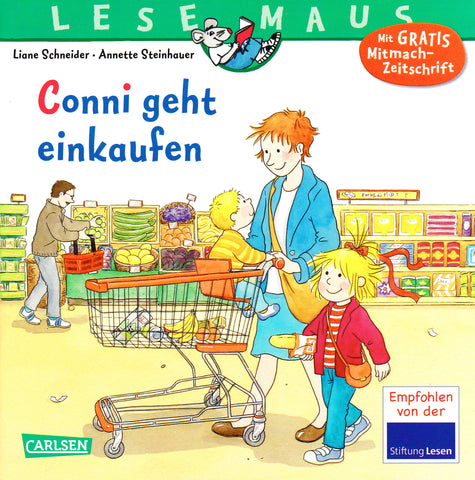 Conni goes shopping with Mom and Jacob. There is much to discover. How does this work with the shopping cart? Where do you bring empty bottles? How and where do you weigh fruit and vegetables? What’s in a drugstore? In the bookstore there are new books for Conni and Jakob. And later, Conni goes to the baker alone. – shopping in bookstore, drugstore, bakery and supermarket – explains retail and family day.