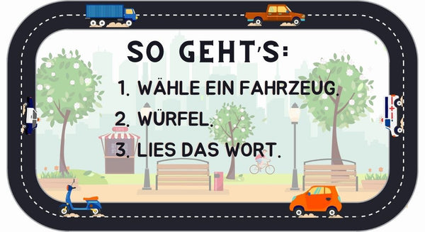 Gameboard with cartoon cars and text instructions on a black border. FREE GAME