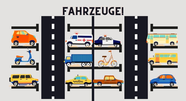 Illustrations of various vehicles on a road with 'FAHRZEUGE!' text above. FREE GAME.