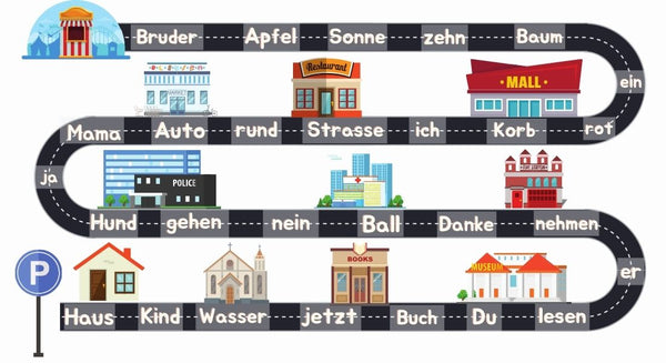 Illustrated road with buildings and text in German, resembling a children's educational toy. FREE GAME.